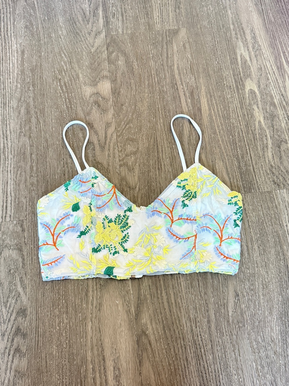 Urban Outfitters Green Yellow Floral Embroidered Cropped Tank Top